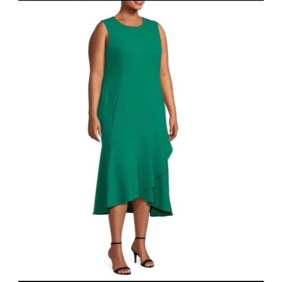 Calvin Klein Dress Kelly Green Ruffle Sheath Midi 20w Career Casual Holiday - Picture 1 of 9